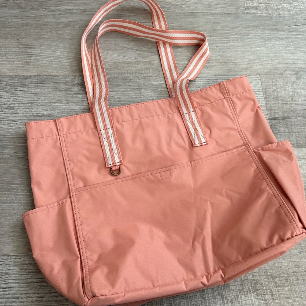 Coral Tote Bag with Striped Handles
